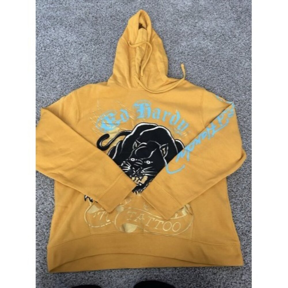Ed Hardy Mens Yellow Black Panthers Graphic Print Hoodie Size XL Pockets